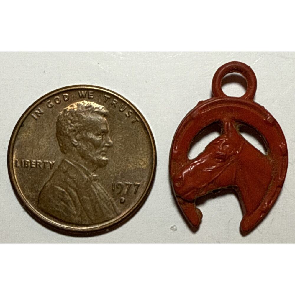 Vintage Cracker Jack Red Horse Head Horseshoe Celluloid‎ Charm 1D